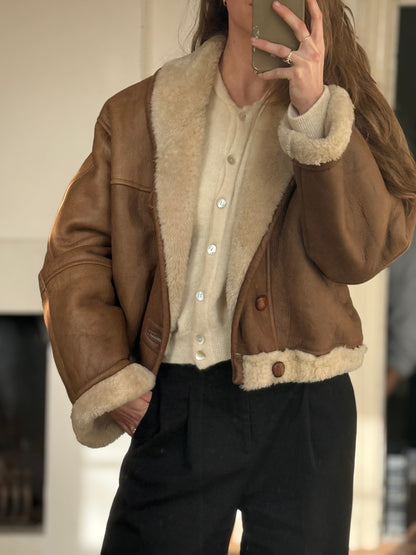 Vintage cropped lammy coat remade reversible bruin maat M-XL