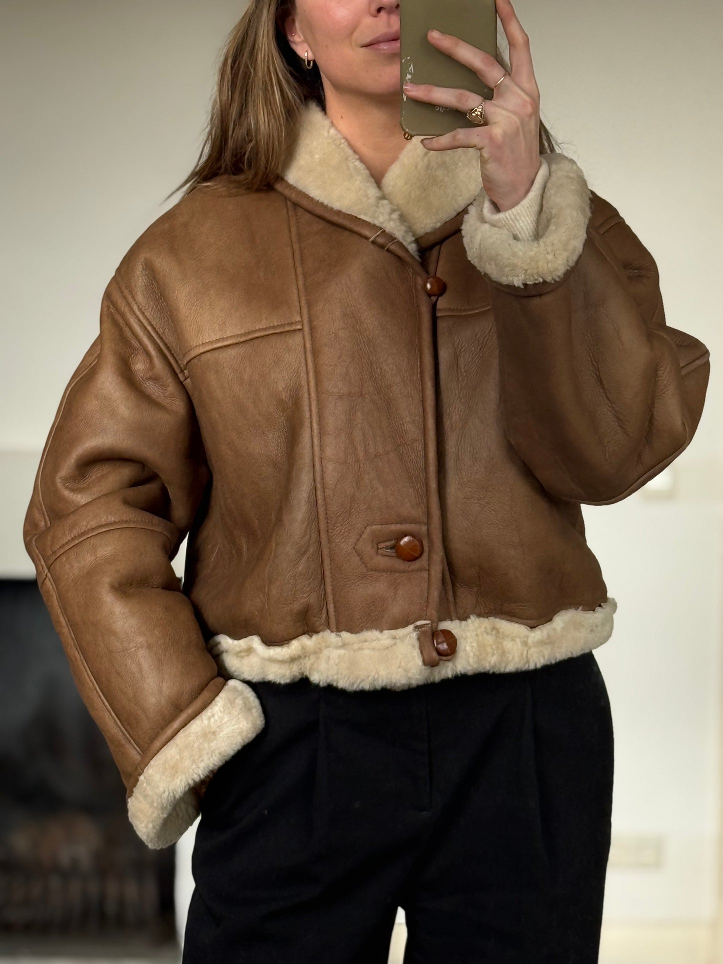 Vintage cropped lammy coat remade reversible bruin maat M-XL