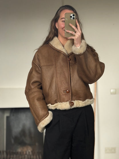 Vintage cropped lammy coat remade reversible bruin maat M-XL