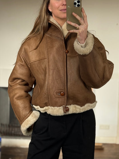 Vintage cropped lammy coat remade reversible bruin maat M-XL