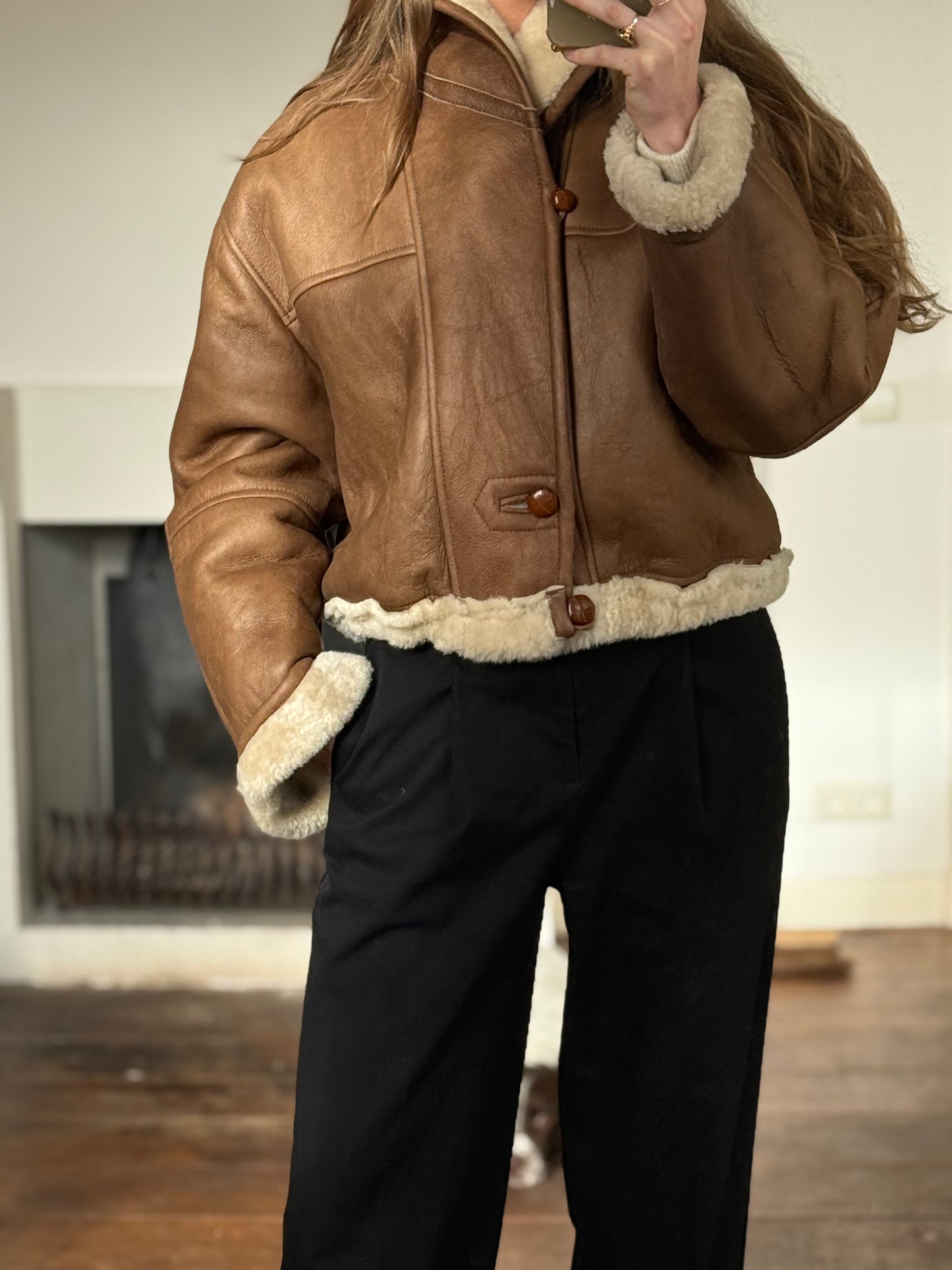 Vintage cropped lammy coat remade reversible bruin maat M-XL