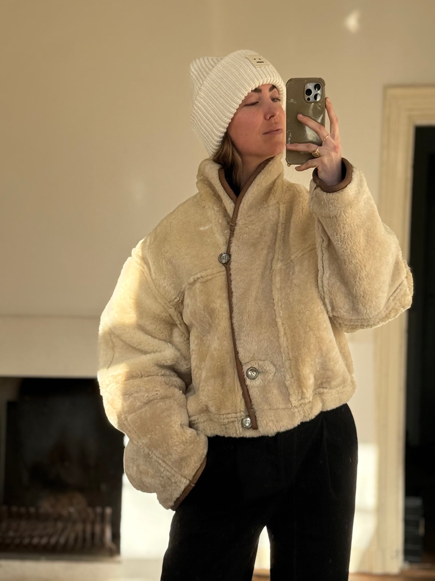 Vintage cropped lammy coat remade reversible bruin maat M-XL