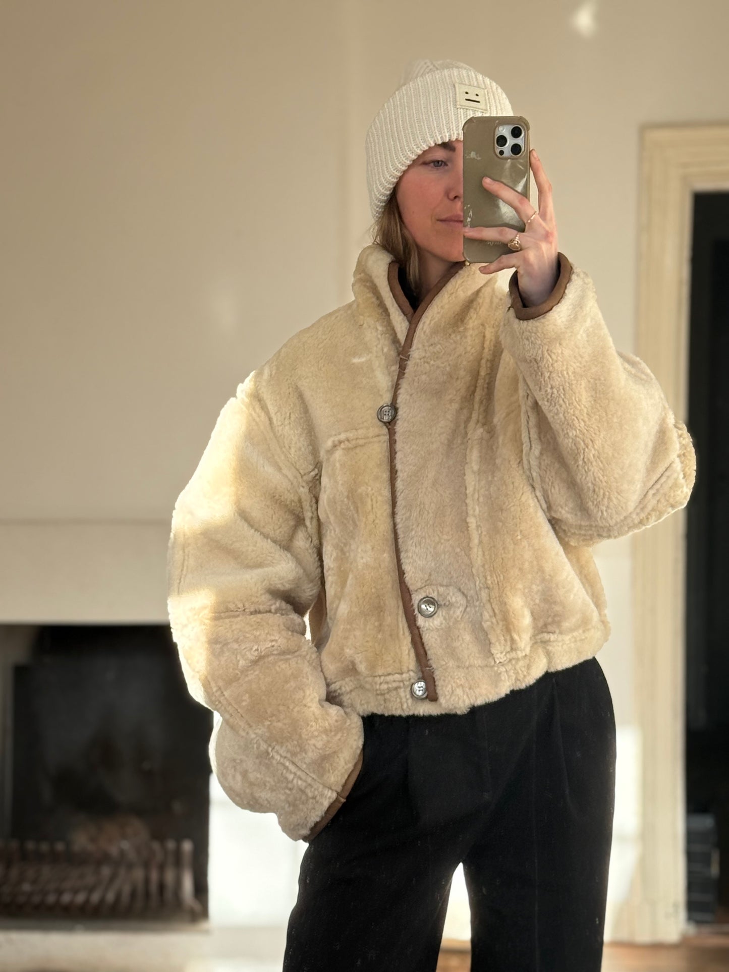 Vintage cropped lammy coat remade reversible bruin maat M-XL