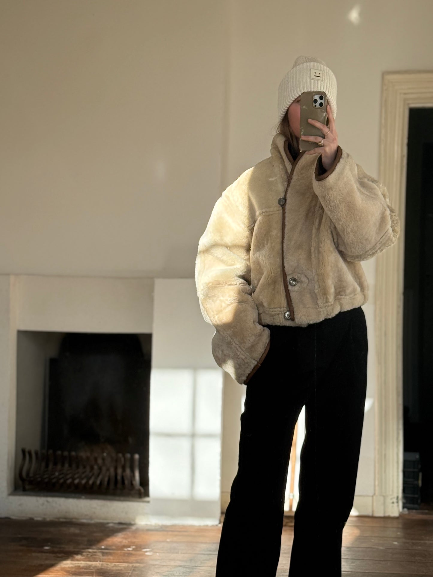 Vintage cropped lammy coat remade reversible bruin maat M-XL