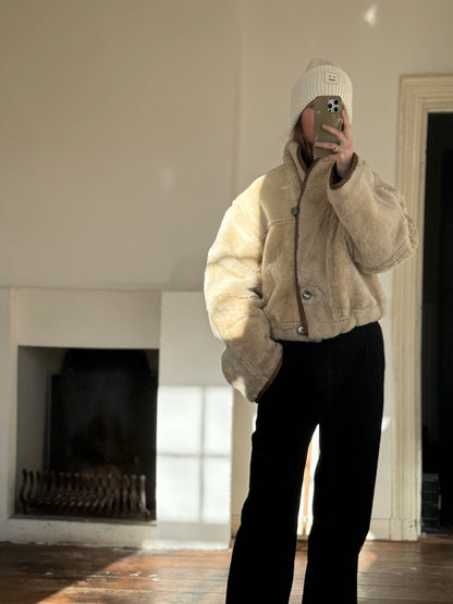 Vintage cropped lammy coat remade reversible bruin maat M-XL