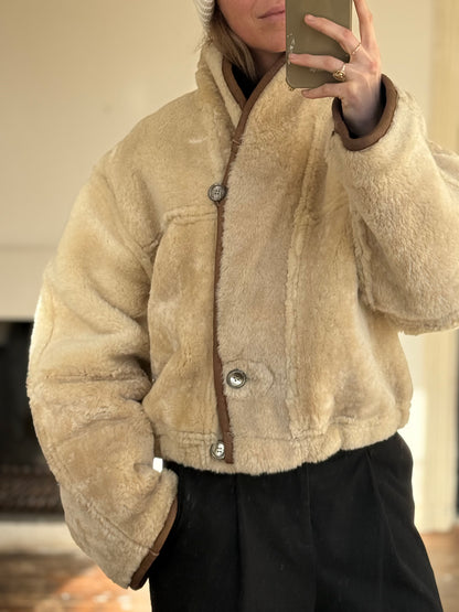 Vintage cropped lammy coat remade reversible bruin maat M-XL