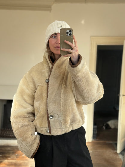 Vintage cropped lammy coat remade reversible bruin maat M-XL