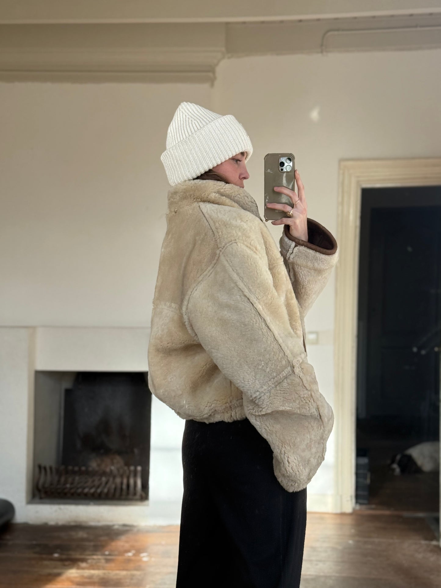 Vintage cropped lammy coat remade reversible bruin maat M-XL