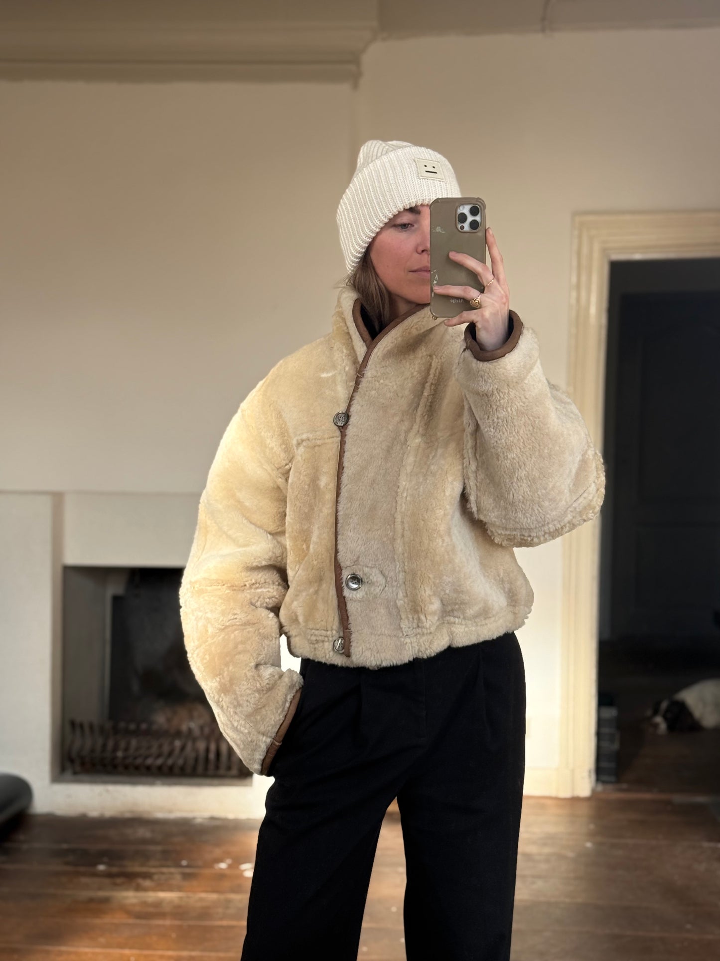 Vintage cropped lammy coat remade reversible bruin maat M-XL