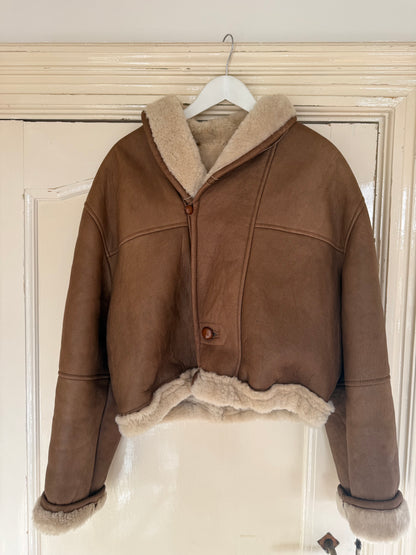 Vintage cropped lammy coat remade reversible bruin maat M-XL