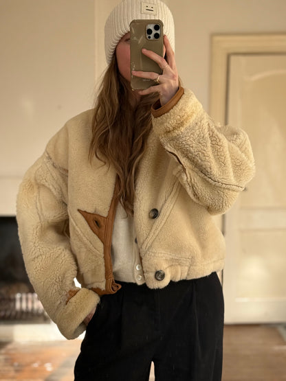 Vintage cropped lammy coat remade reversible bruin maat S-L