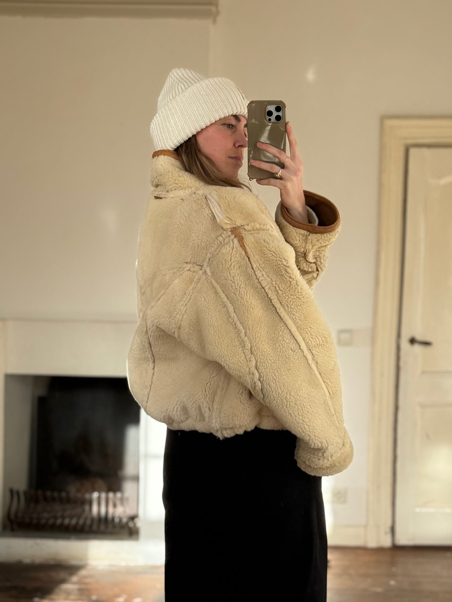 Vintage cropped lammy coat remade reversible bruin maat S-L