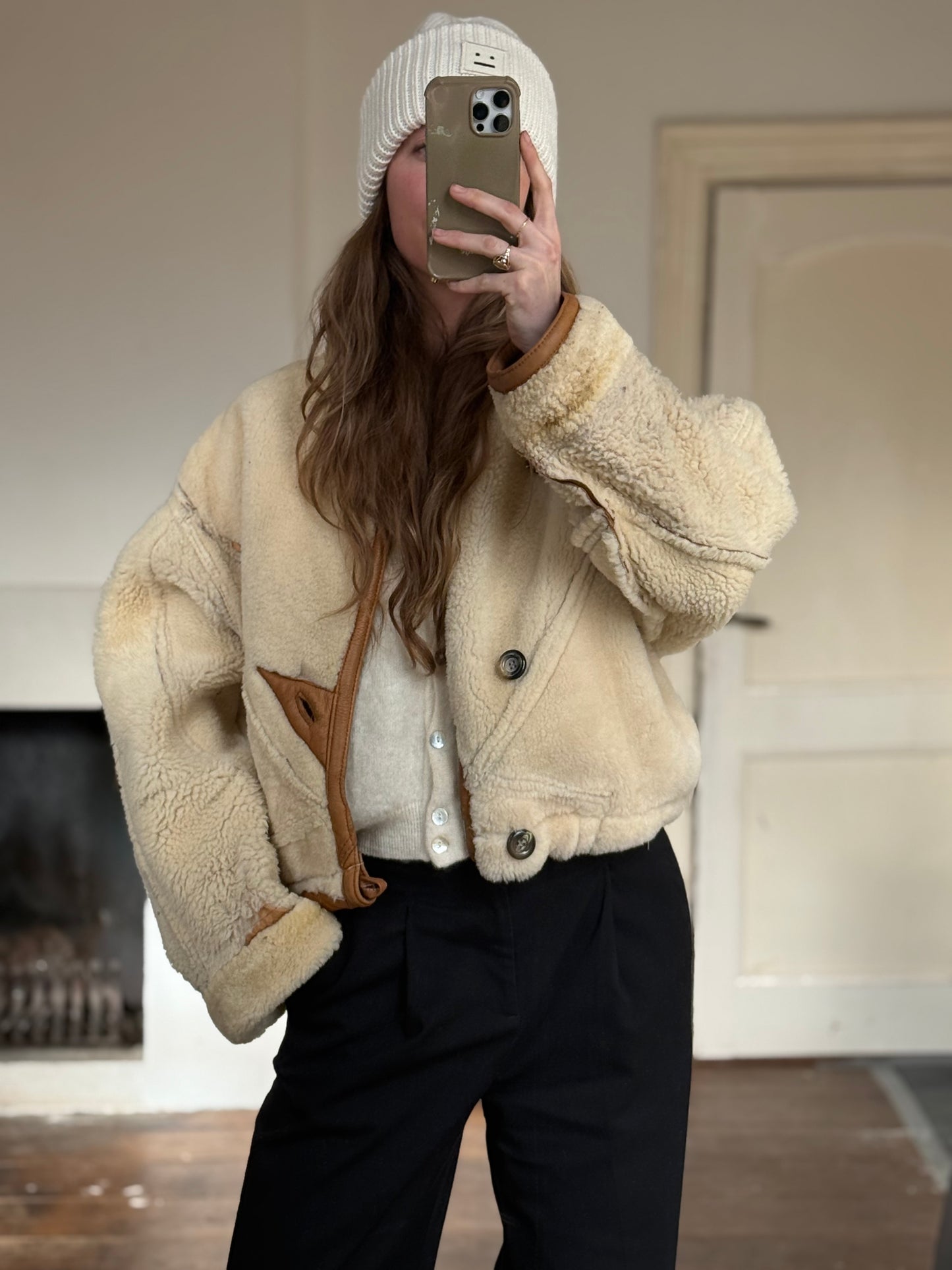 Vintage cropped lammy coat remade reversible bruin maat S-L