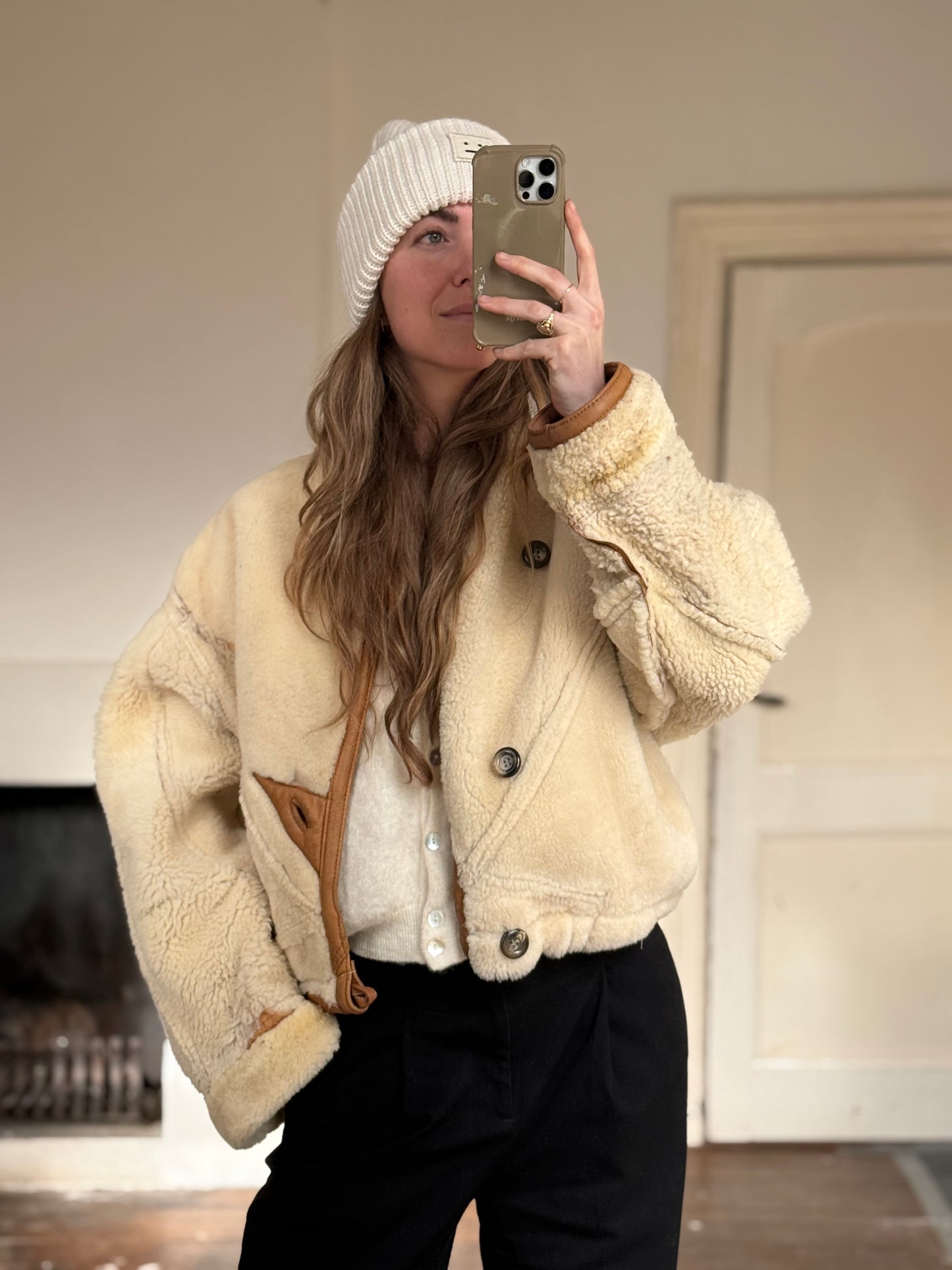 Vintage cropped lammy coat remade reversible bruin maat S-L