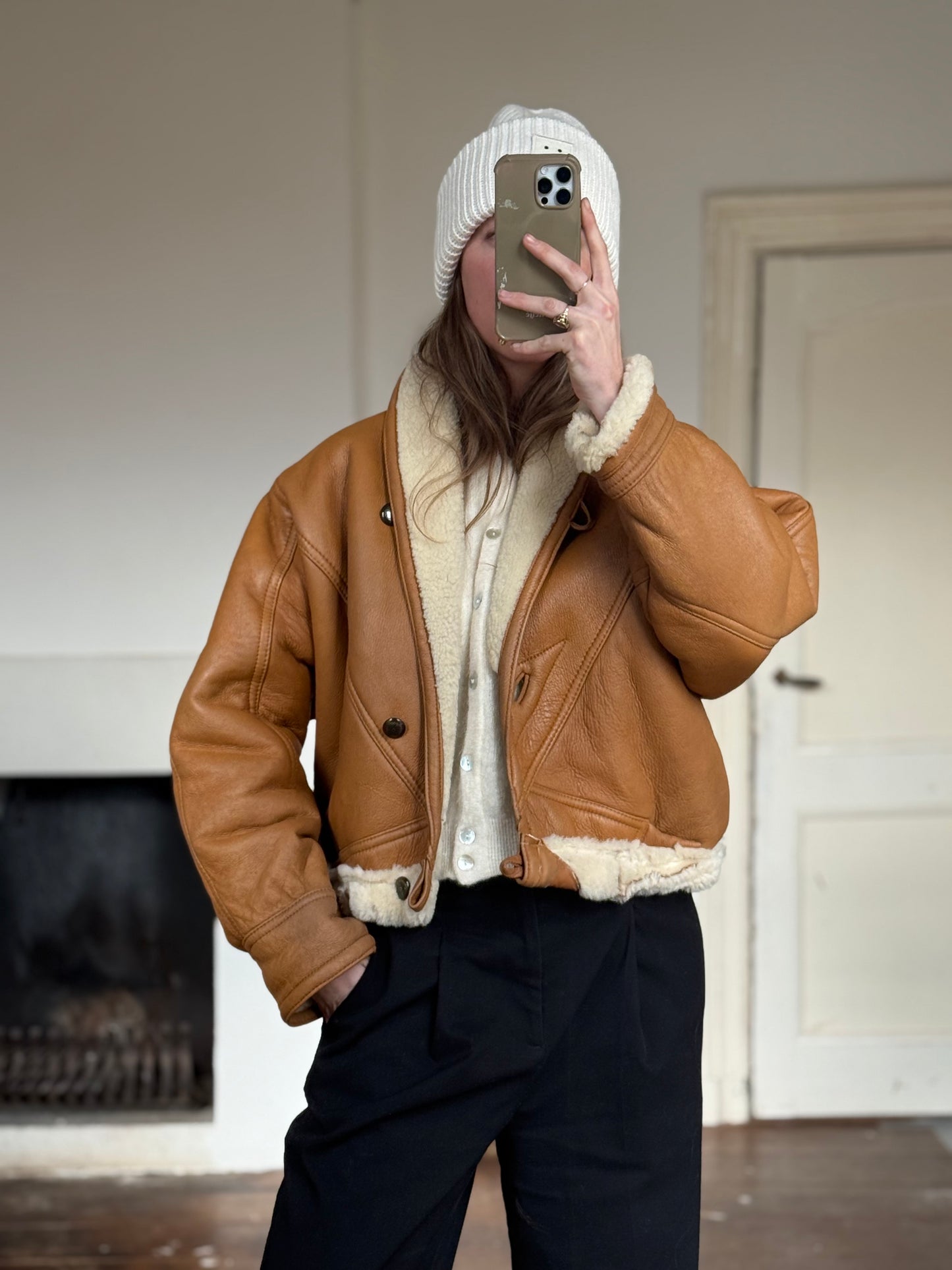 Vintage cropped lammy coat remade reversible bruin maat S-L