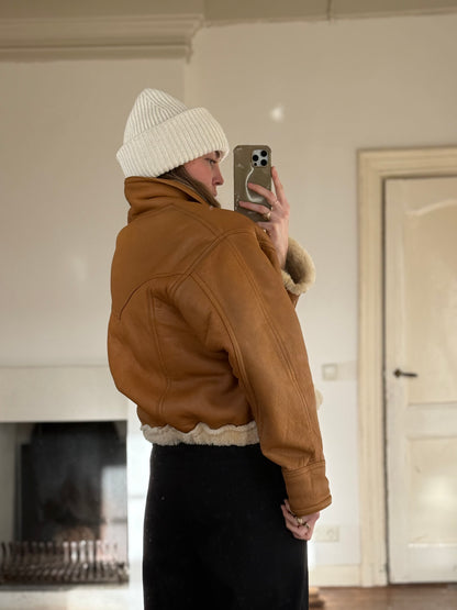 Vintage cropped lammy coat remade reversible bruin maat S-L