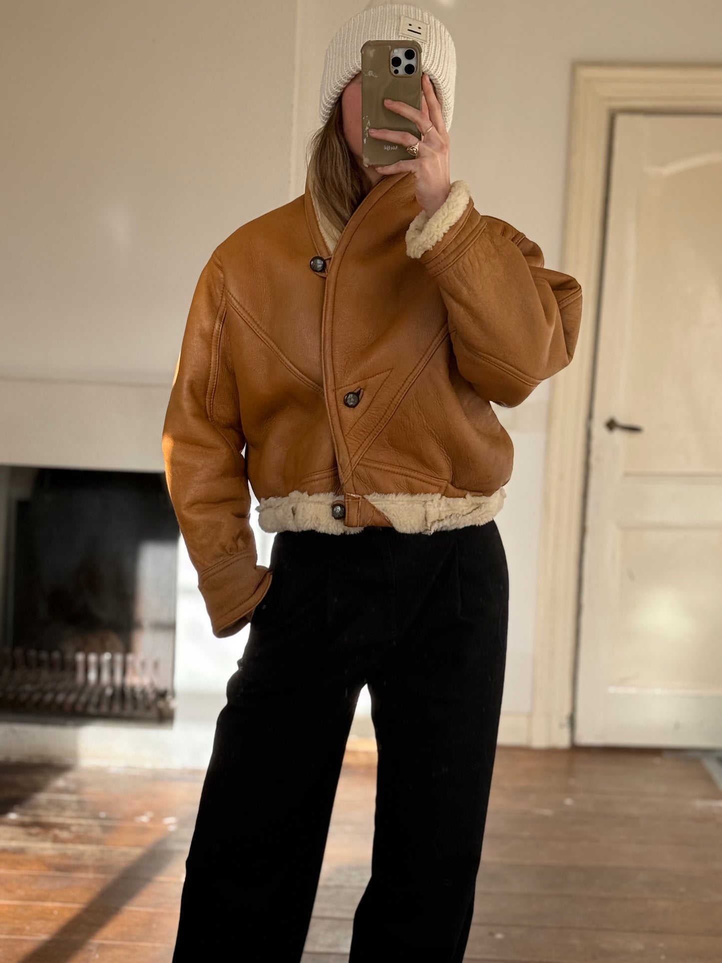 Vintage cropped lammy coat remade reversible bruin maat S-L