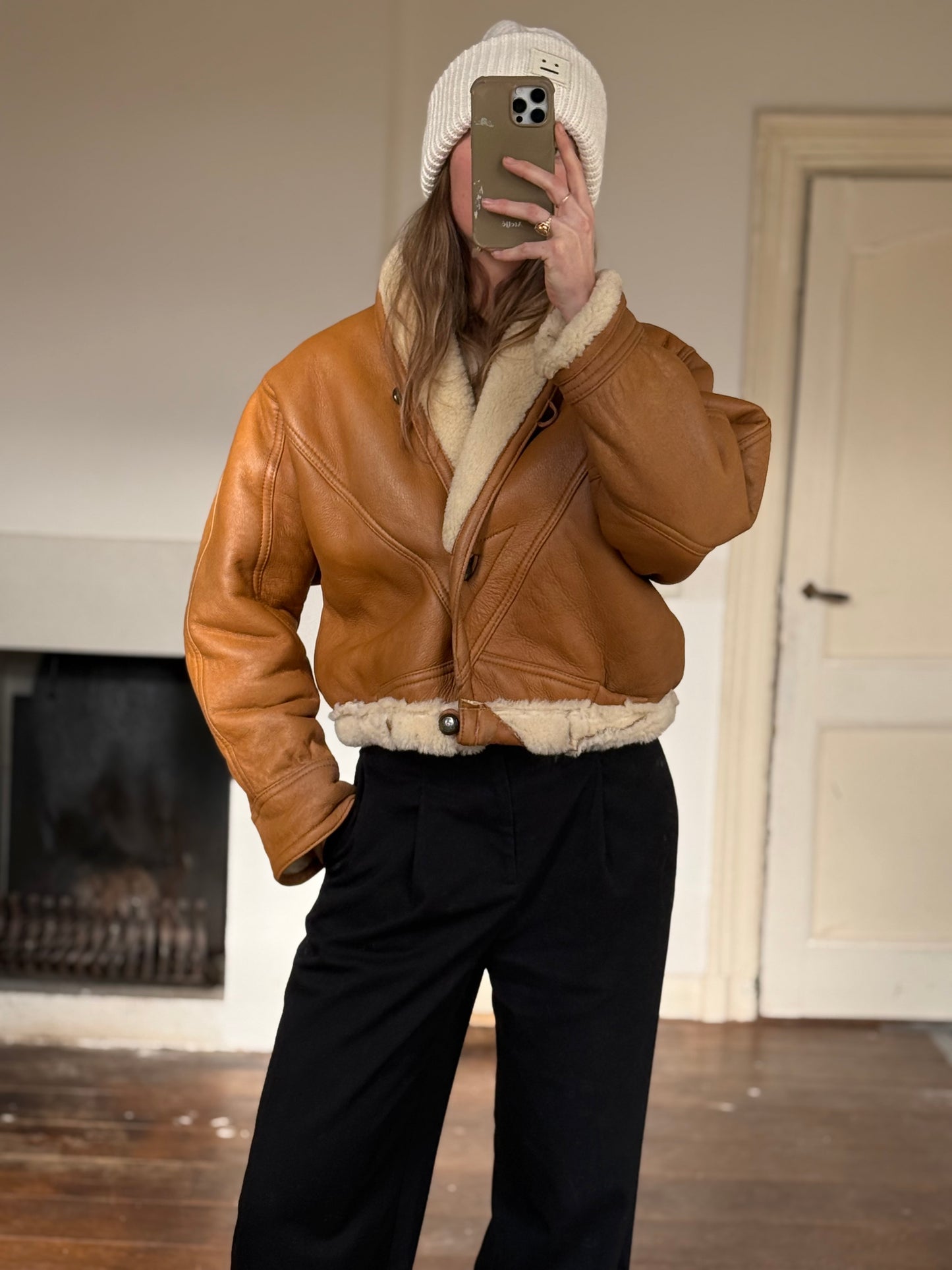 Vintage cropped lammy coat remade reversible bruin maat S-L