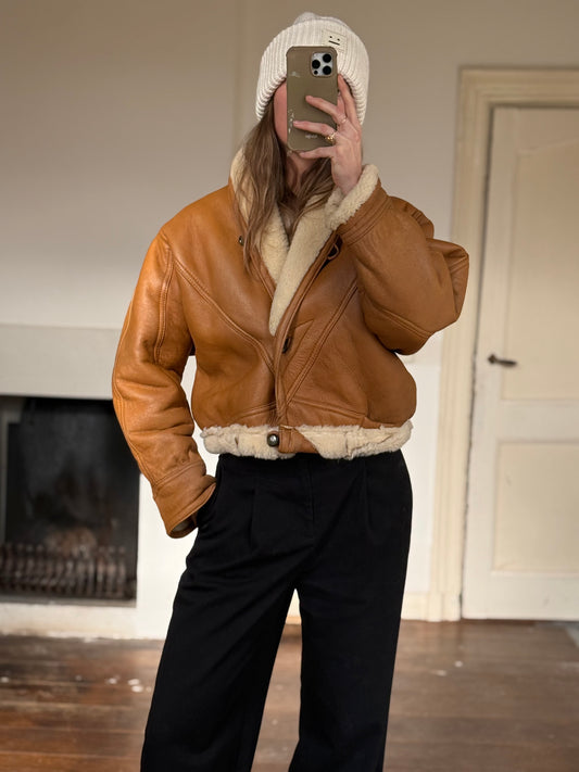 Vintage cropped lammy coat remade reversible bruin maat S-L