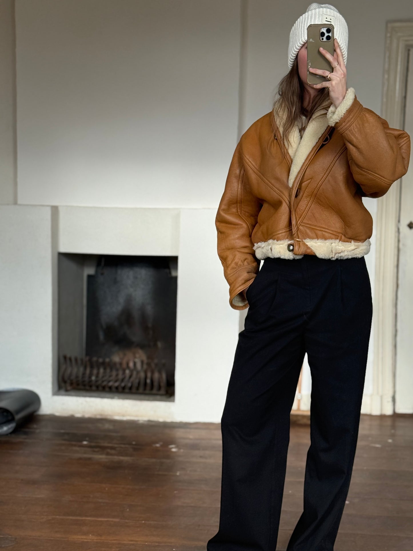 Vintage cropped lammy coat remade reversible bruin maat S-L