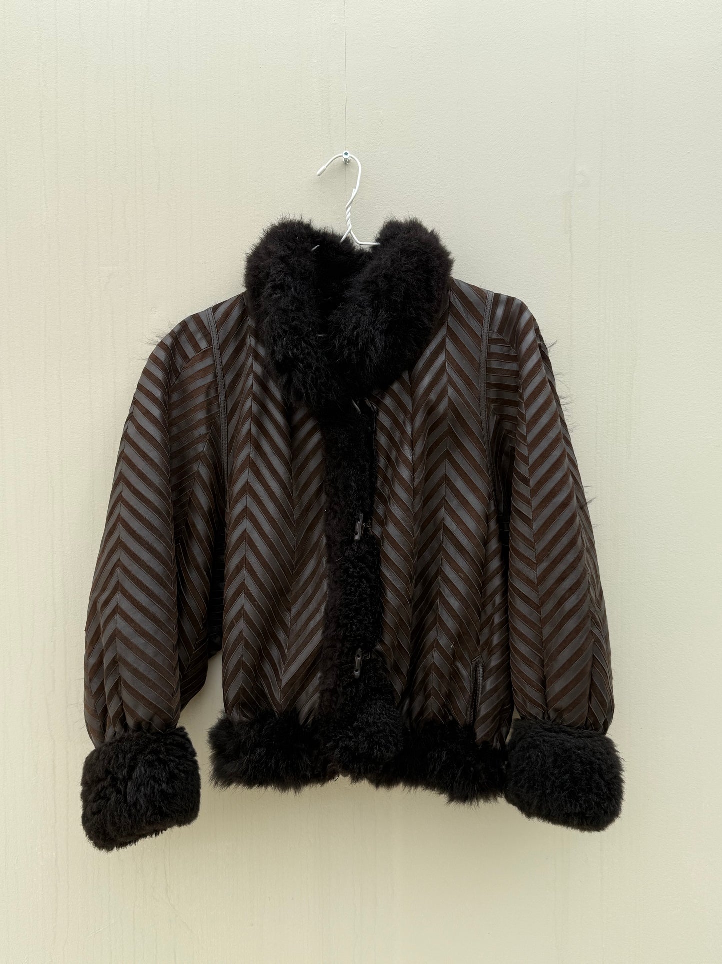 Vintage remade cropped lammy coat striped leather suede