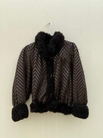 Vintage remade cropped lammy coat striped leather suede