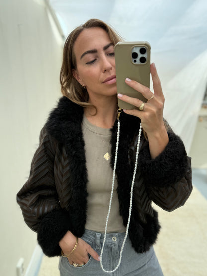 Vintage remade cropped lammy coat striped leather suede