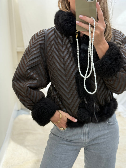 Vintage remade cropped lammy coat striped leather suede