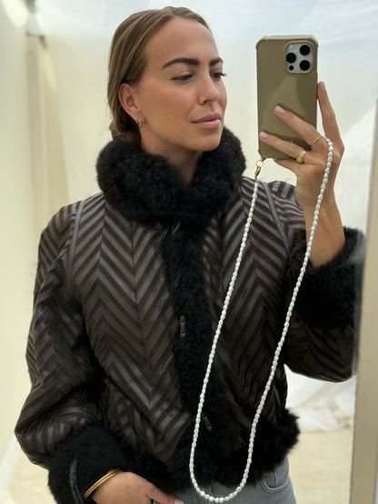 Vintage remade cropped lammy coat striped leather suede