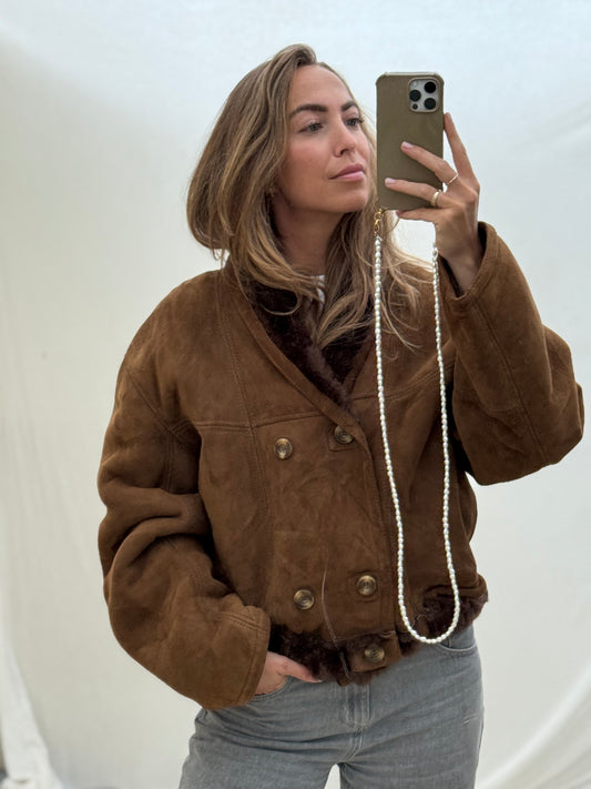 Vintage cropped lammy coat shearling reversible donkerbruin