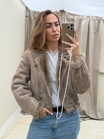 Vintage remade lammy coat reversible cropped model Olive Collectables taupe/grijs