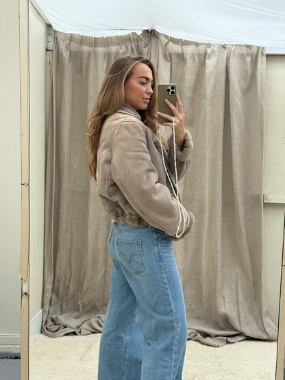 Vintage remade lammy coat reversible cropped model Olive Collectables taupe/grijs