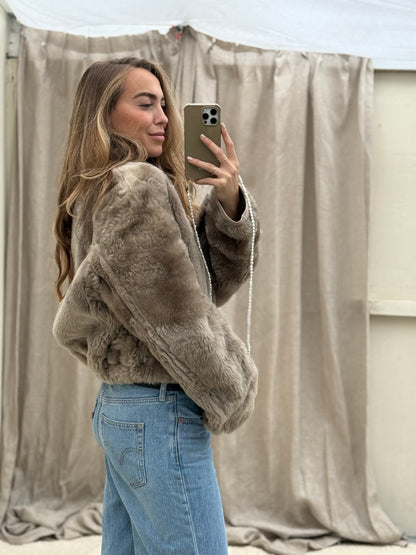 Vintage remade lammy coat reversible cropped model Olive Collectables taupe/grijs