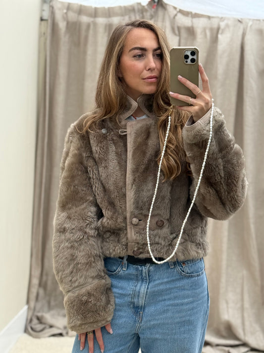 Vintage remade lammy coat reversible cropped model Olive Collectables taupe/grijs