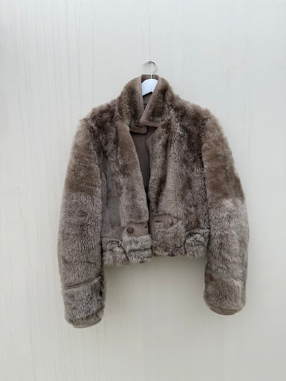 Vintage remade lammy coat reversible cropped model Olive Collectables taupe/grijs