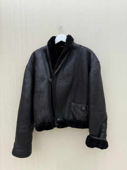 Vintage re-made Cropped Lammy Coat Zwart leer