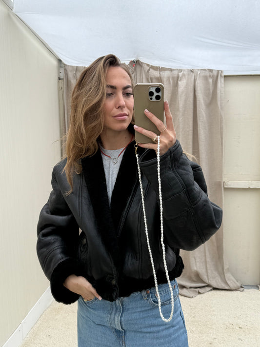 Vintage re-made Cropped Lammy Coat Zwart leer