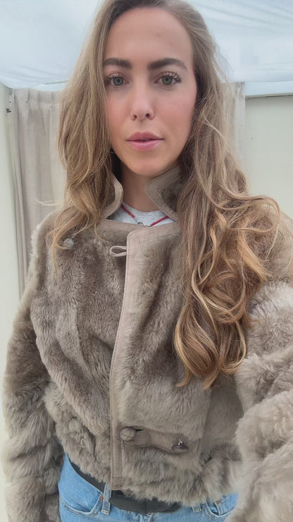 Vintage remade lammy coat reversible cropped model Olive Collectables taupe/grijs