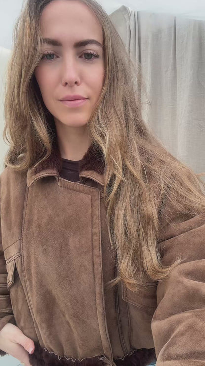 Vintage remade lammy coat cropped bruin maat S-XL