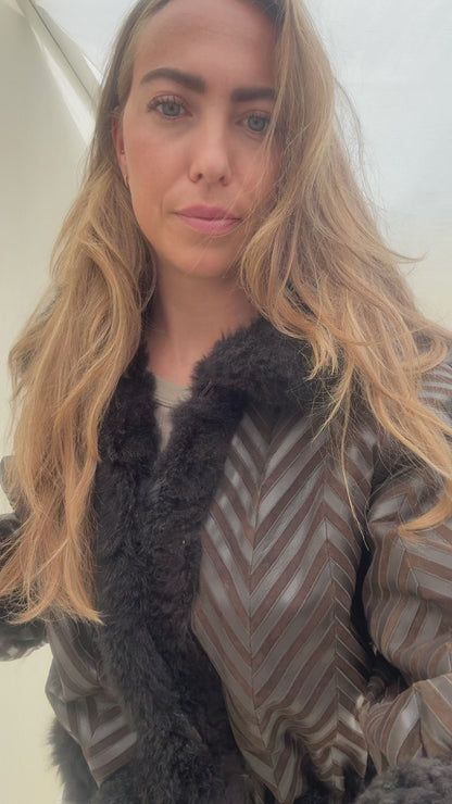 Vintage remade cropped lammy coat striped leather suede